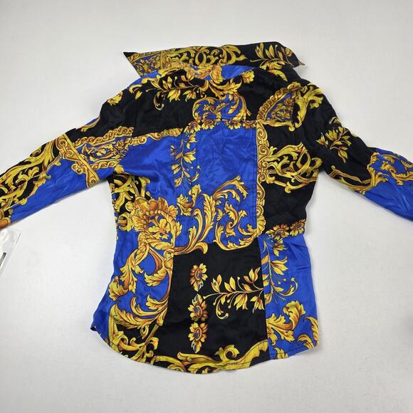 Cache Shirt Womens Medium Black Blue Gold Baroque Silk Stretch Snap Front Fitted - Picture 11 of 12